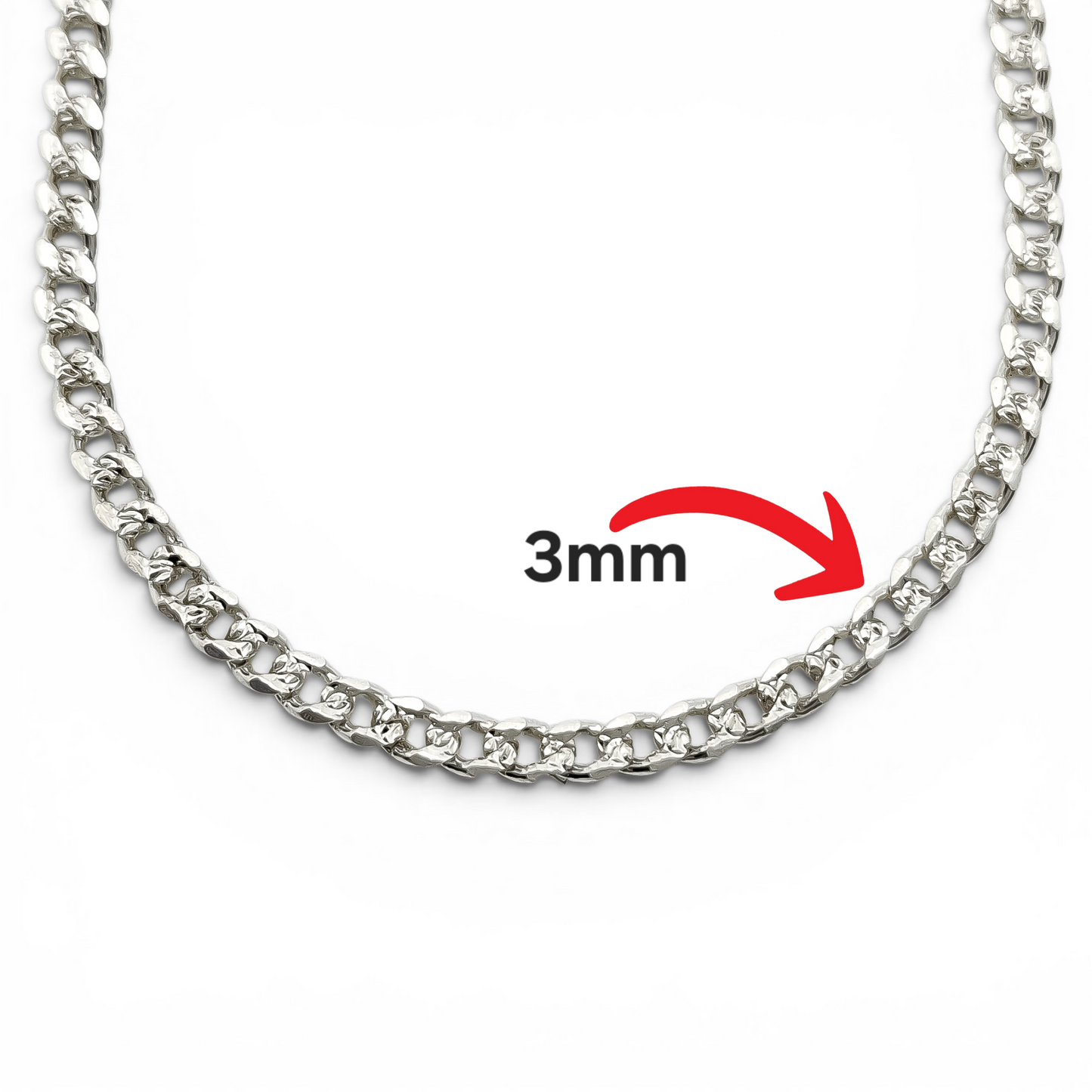 Cadena Cubana Diamantada 3mm Plata Ley 925