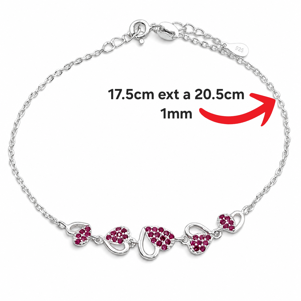 Pulsera Corazones Fiusha Plata Ley 925
