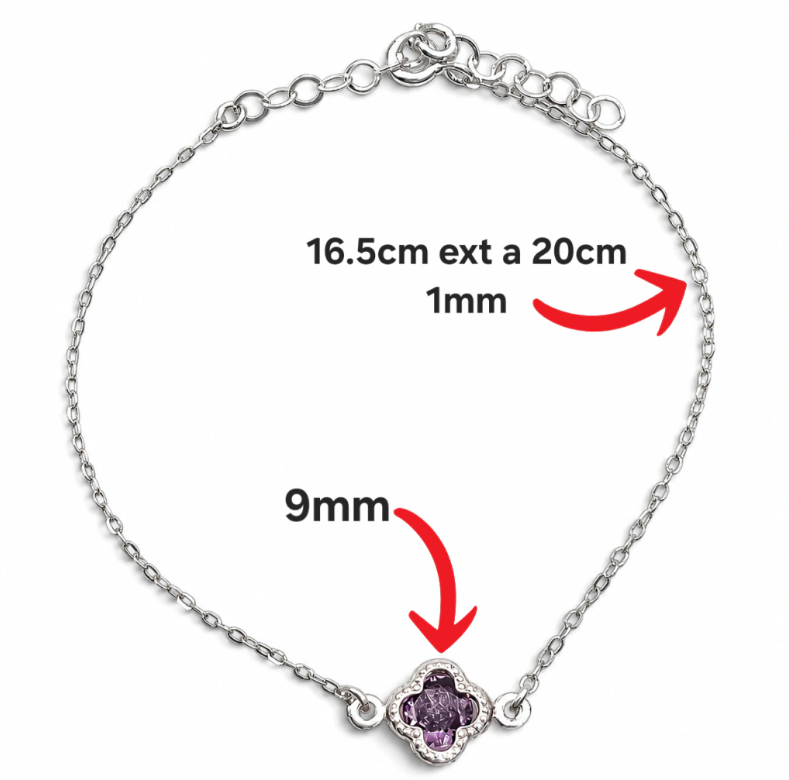 Pulsera Trebol Lila Plata Ley 925