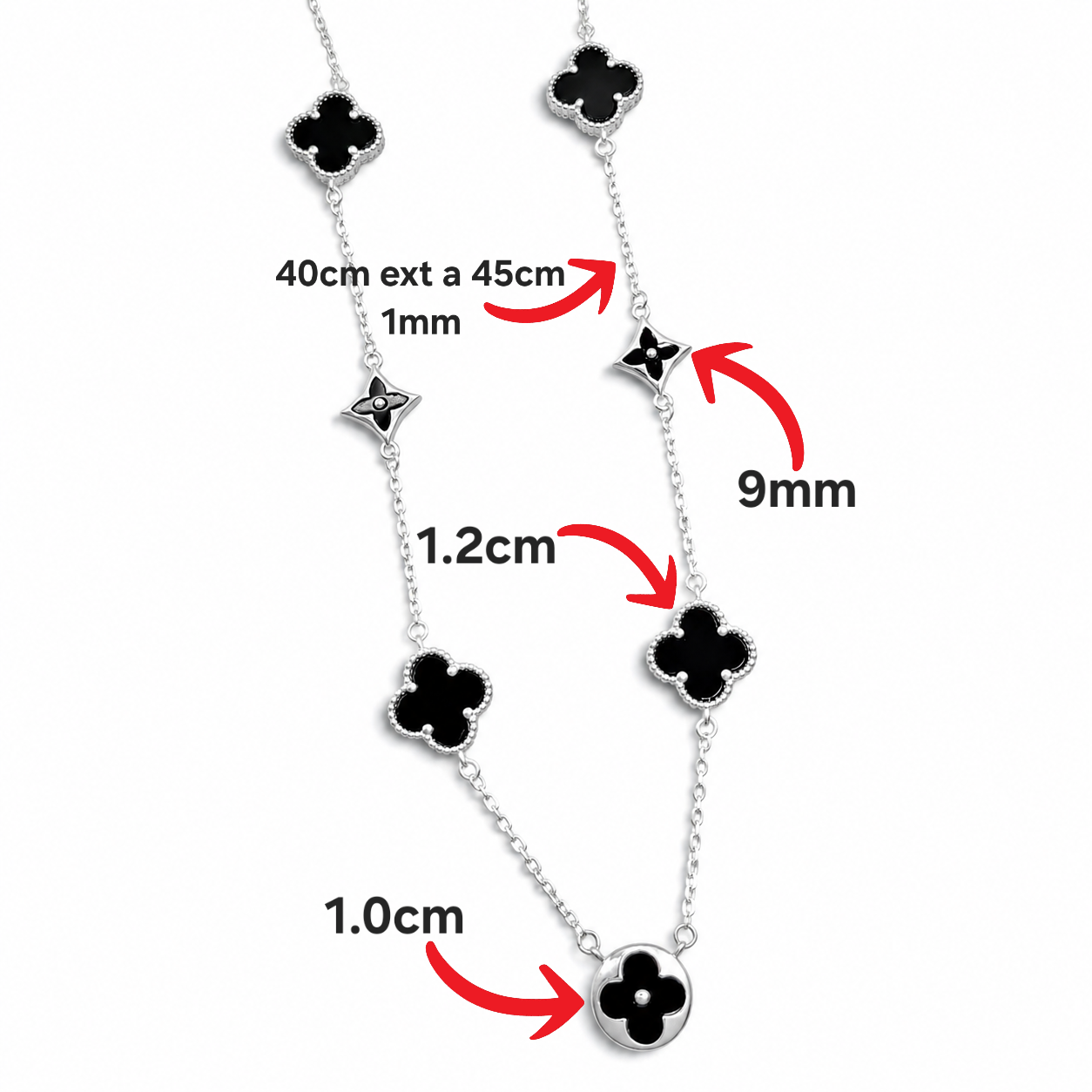 Collar Van Negro 5 Treboles Plata Ley 925