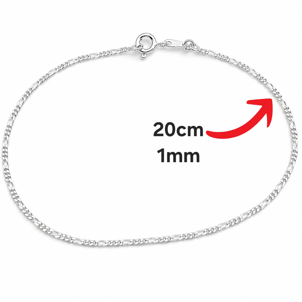 Pulso Figaro Diamantado 1mm Plata Ley 925