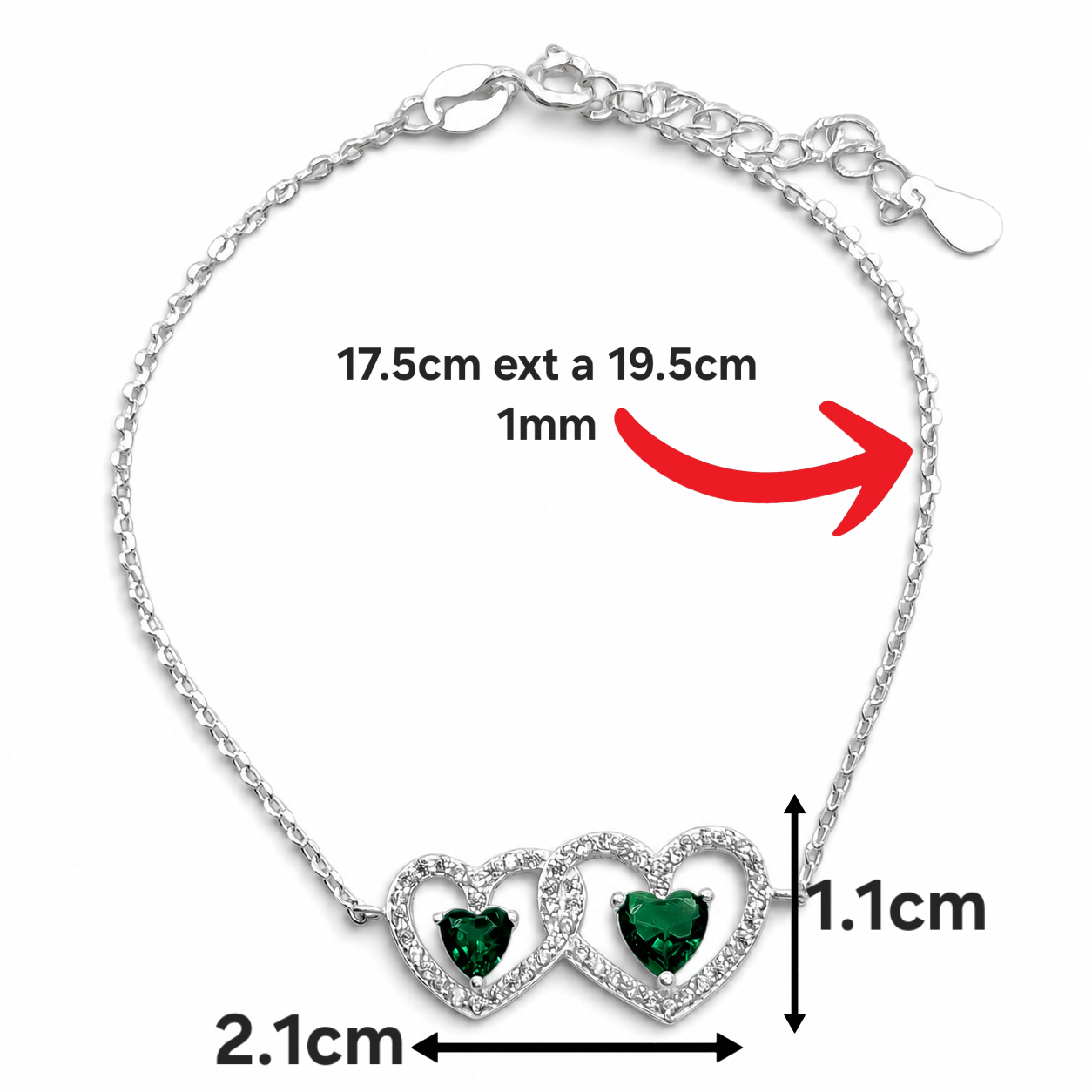 Pulsera 2 Corazones Verde Plata Ley 925