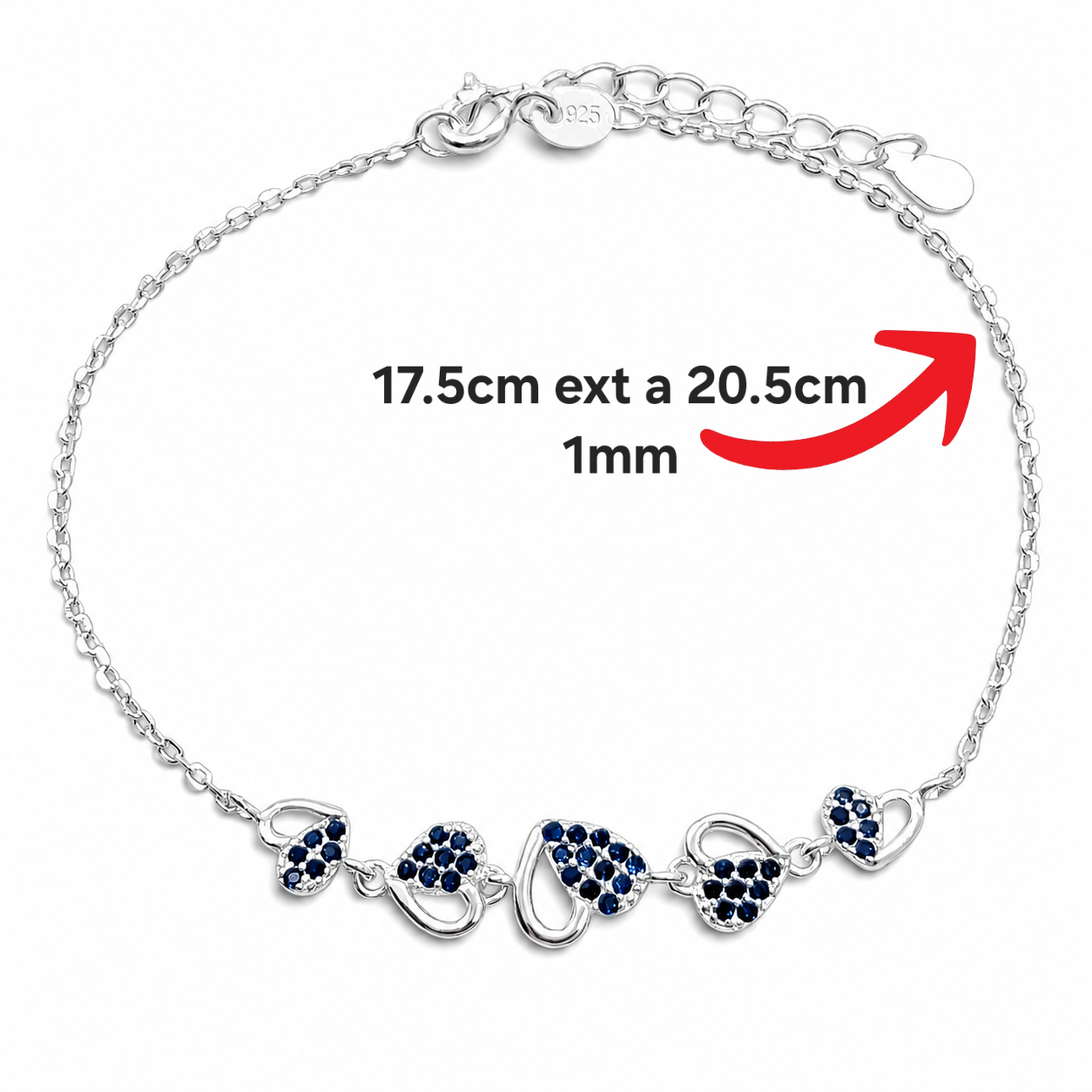 Pulsera Corazones Azul Plata Ley 925