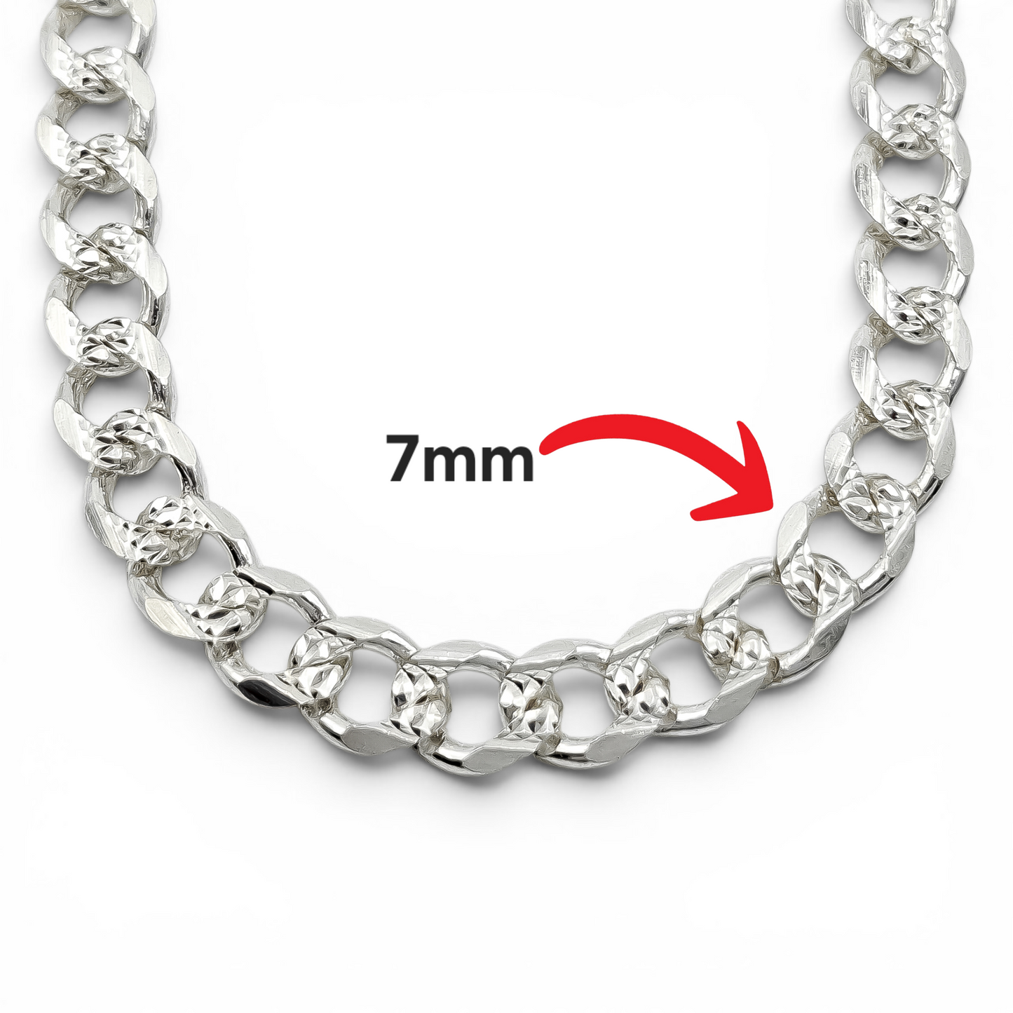 Cadena Cubana Diamantada 7mm Plata Ley 925