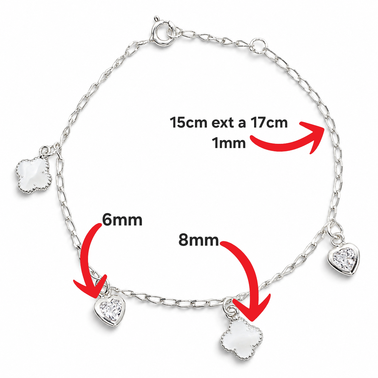 Pulsera Trebol Blanca Corazon Plata Ley 925