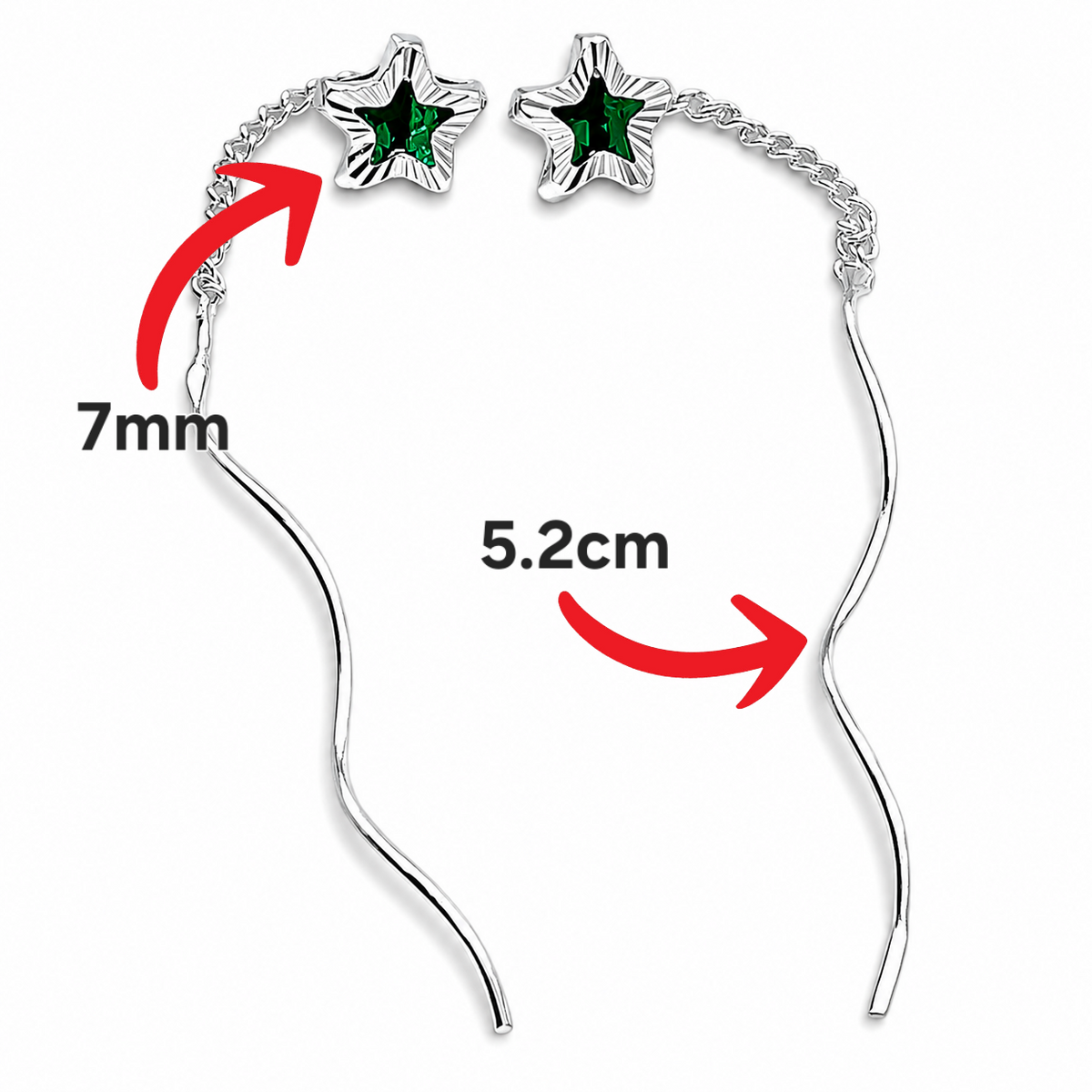 Arete Largo Estrella Verde Plata Ley 925