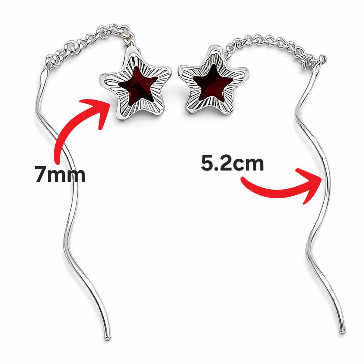 Arete Largo Estrella Rojo Plata Ley 925