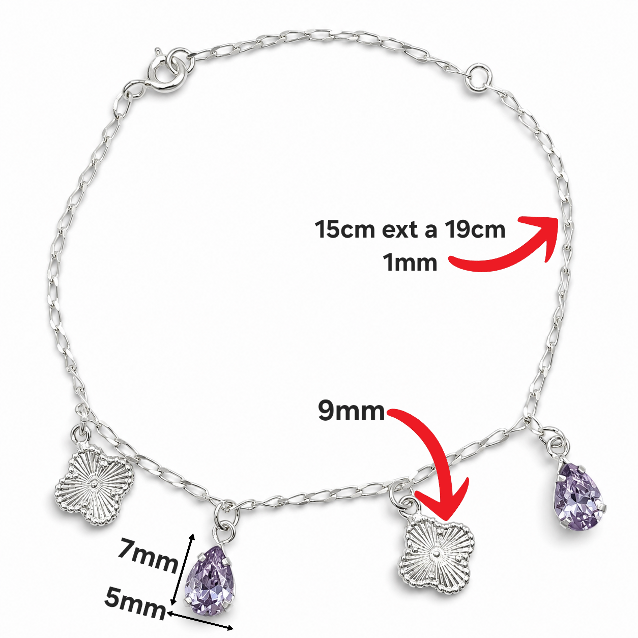 Pulsera Trebol Gota Lila Plata Ley 925