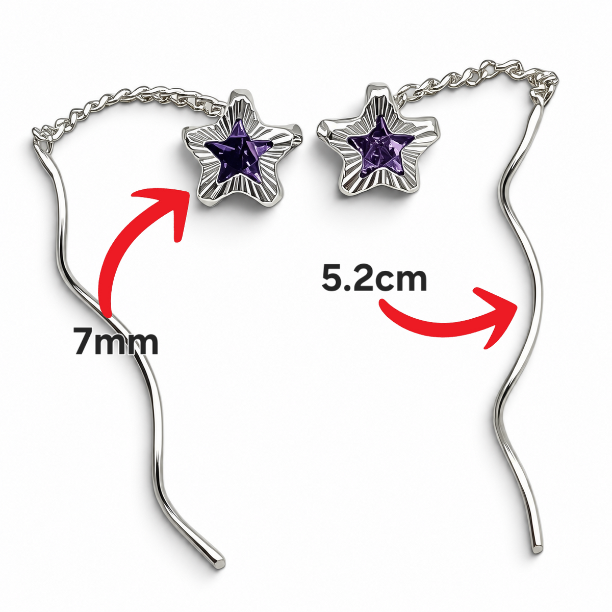 Arete Largo Estrella Morado Plata Ley 925