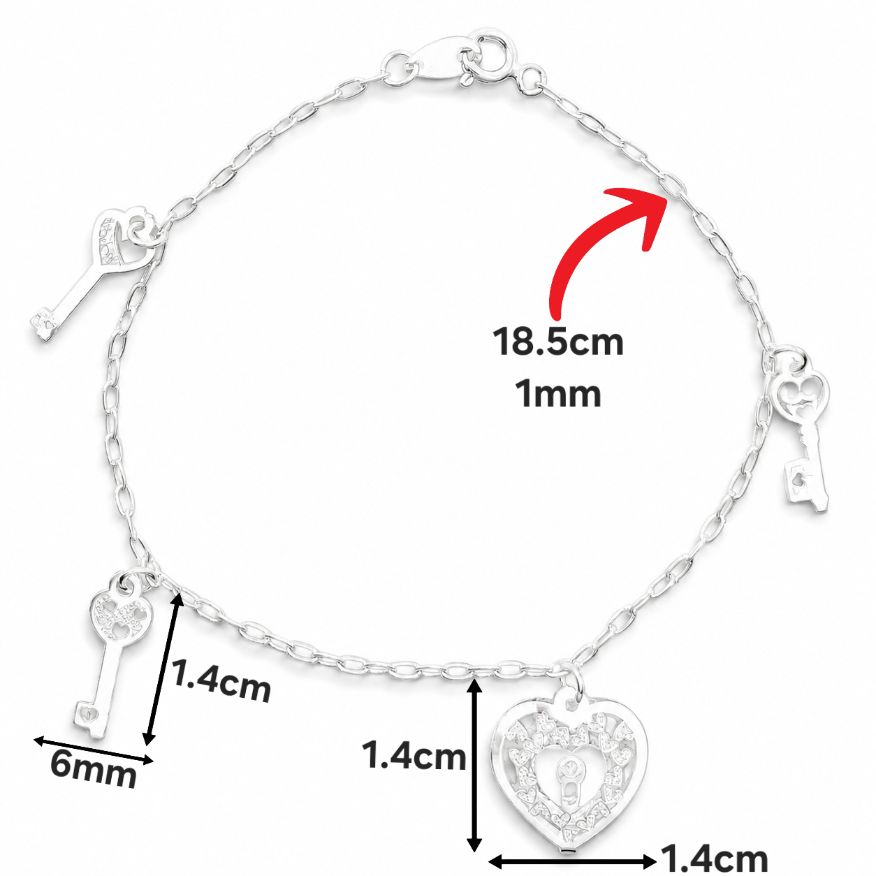 Pulsera Corazon Llave Plata Ley 925