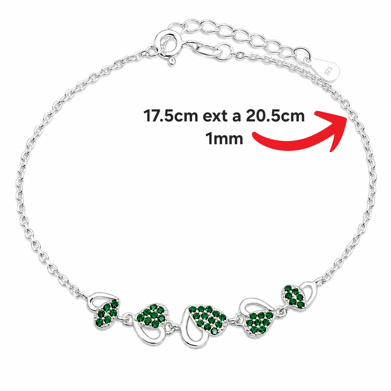 Pulsera Corazones Verde Plata Ley 925
