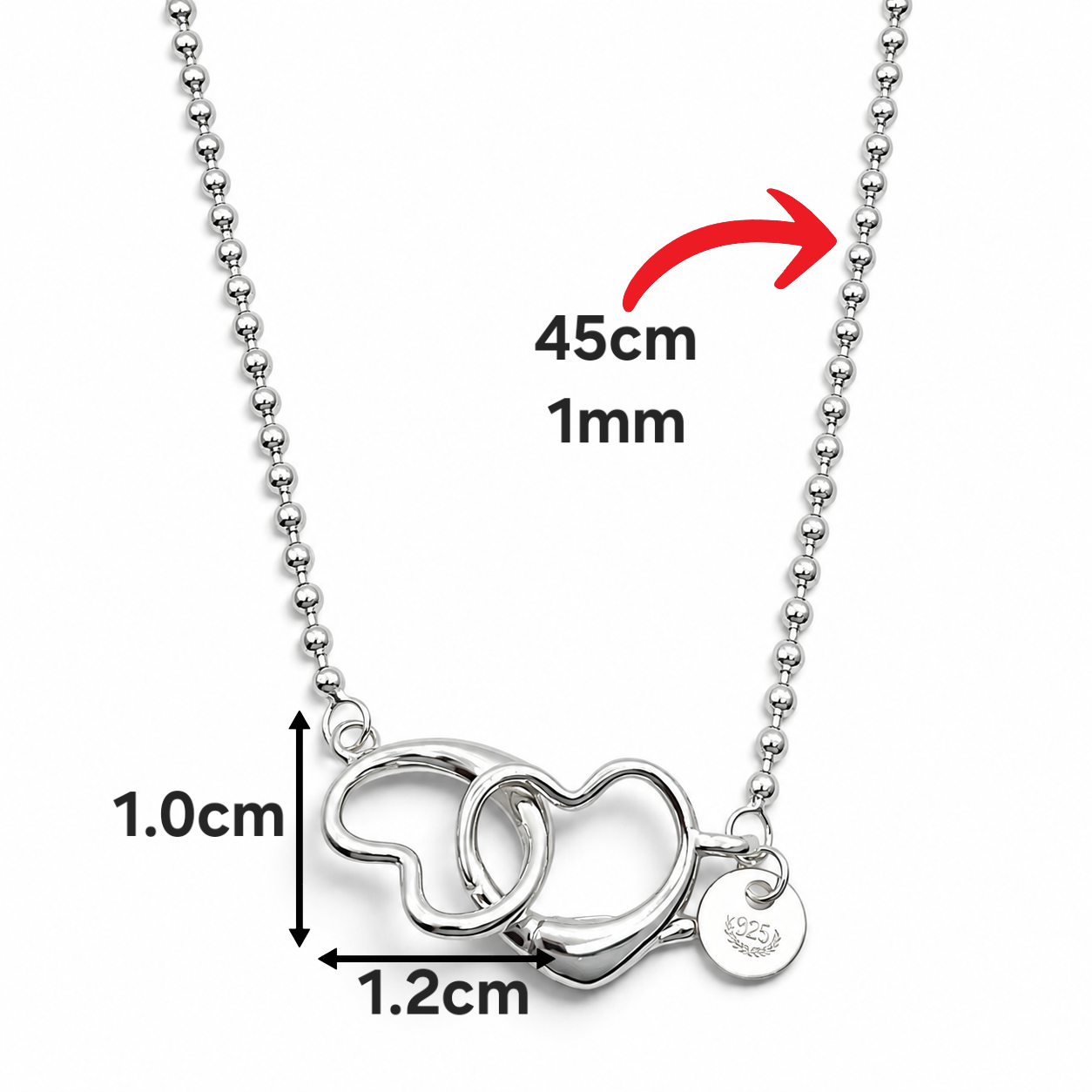 Cadena Bolita Corazon 1mm Plata Ley 925