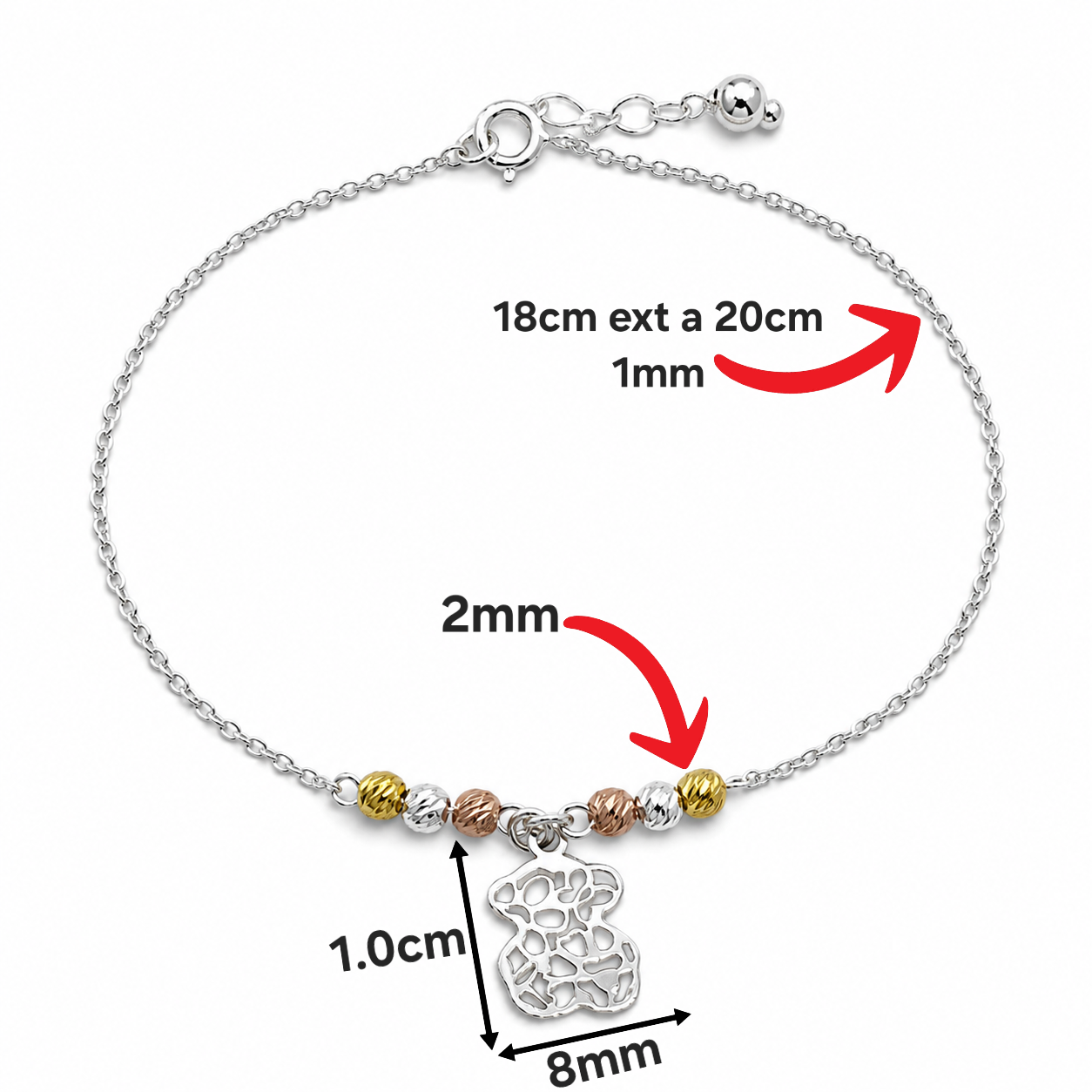 Pulsera Osito Tricolor Plata Ley 925