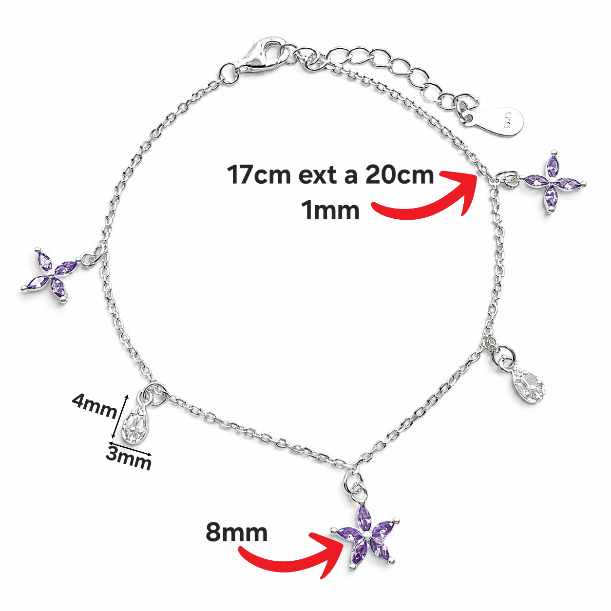 Pulsera Flor Lila Plata Ley 925