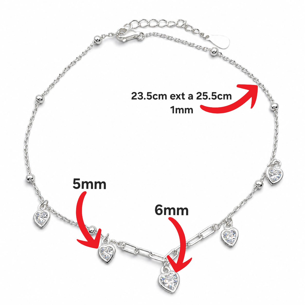 Pulsera Corazones Zirconia Plata Ley 925