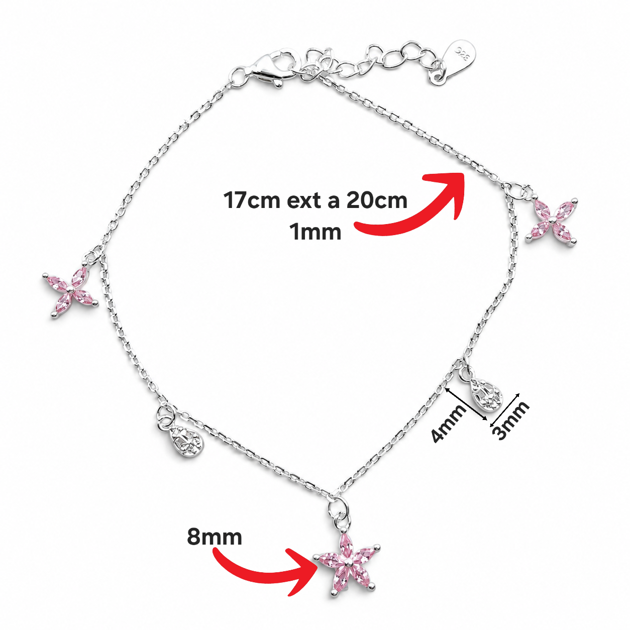 Pulsera Flor Rosa Plata Ley 925