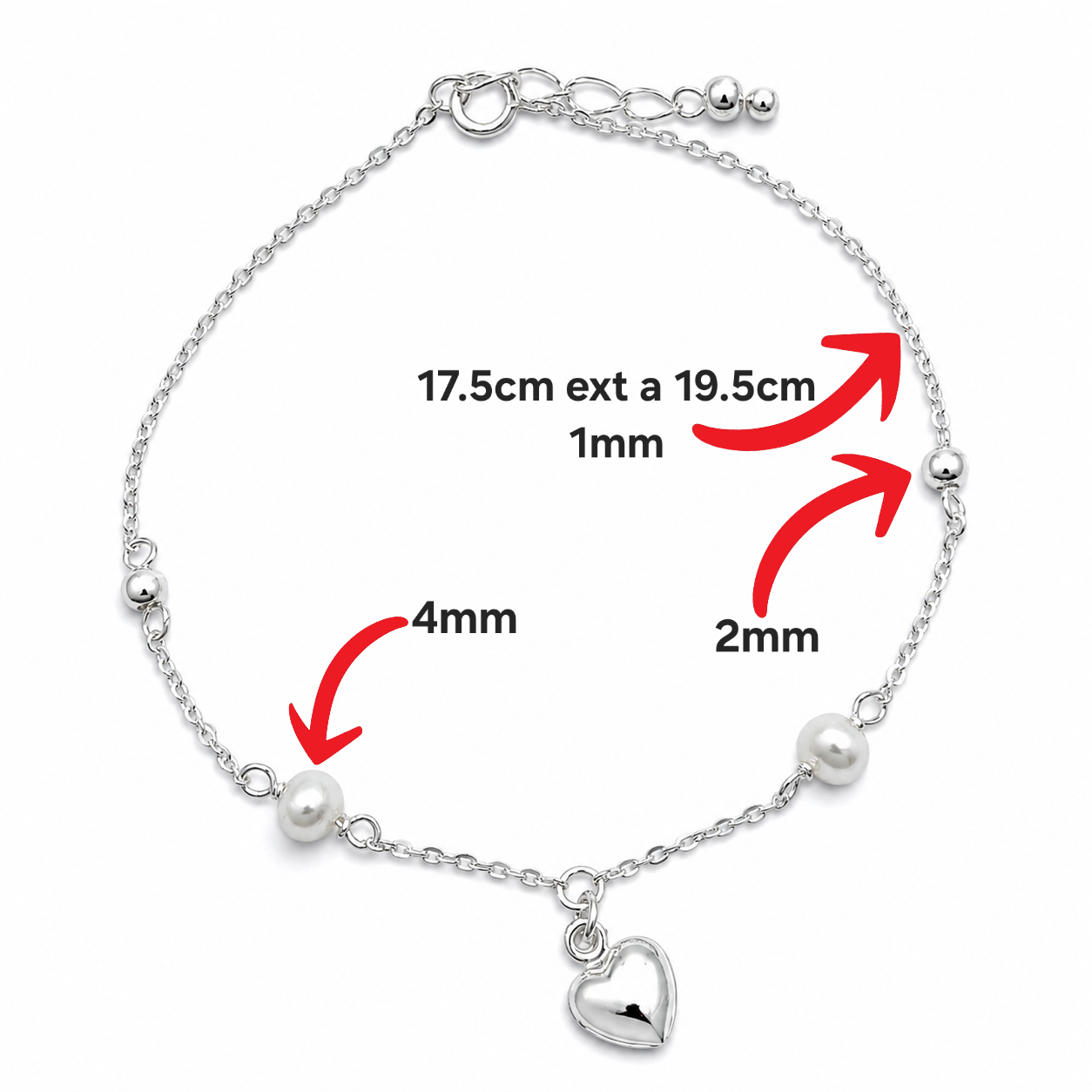 Pulsera Corazon Perla Plata Ley 925