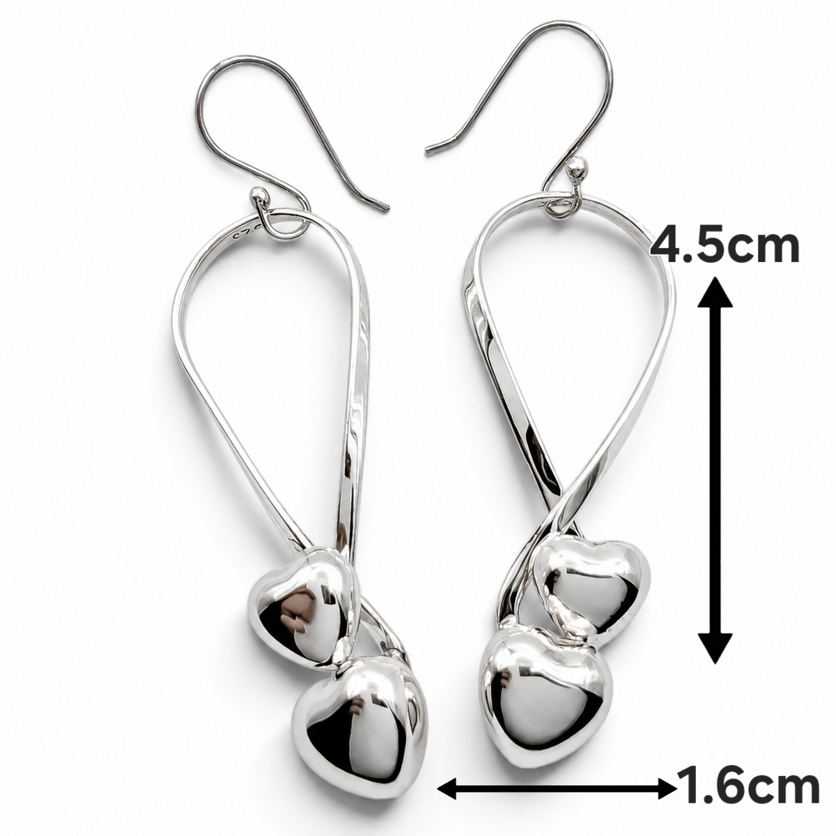 Arete 2 Corazones Plata Ley 925
