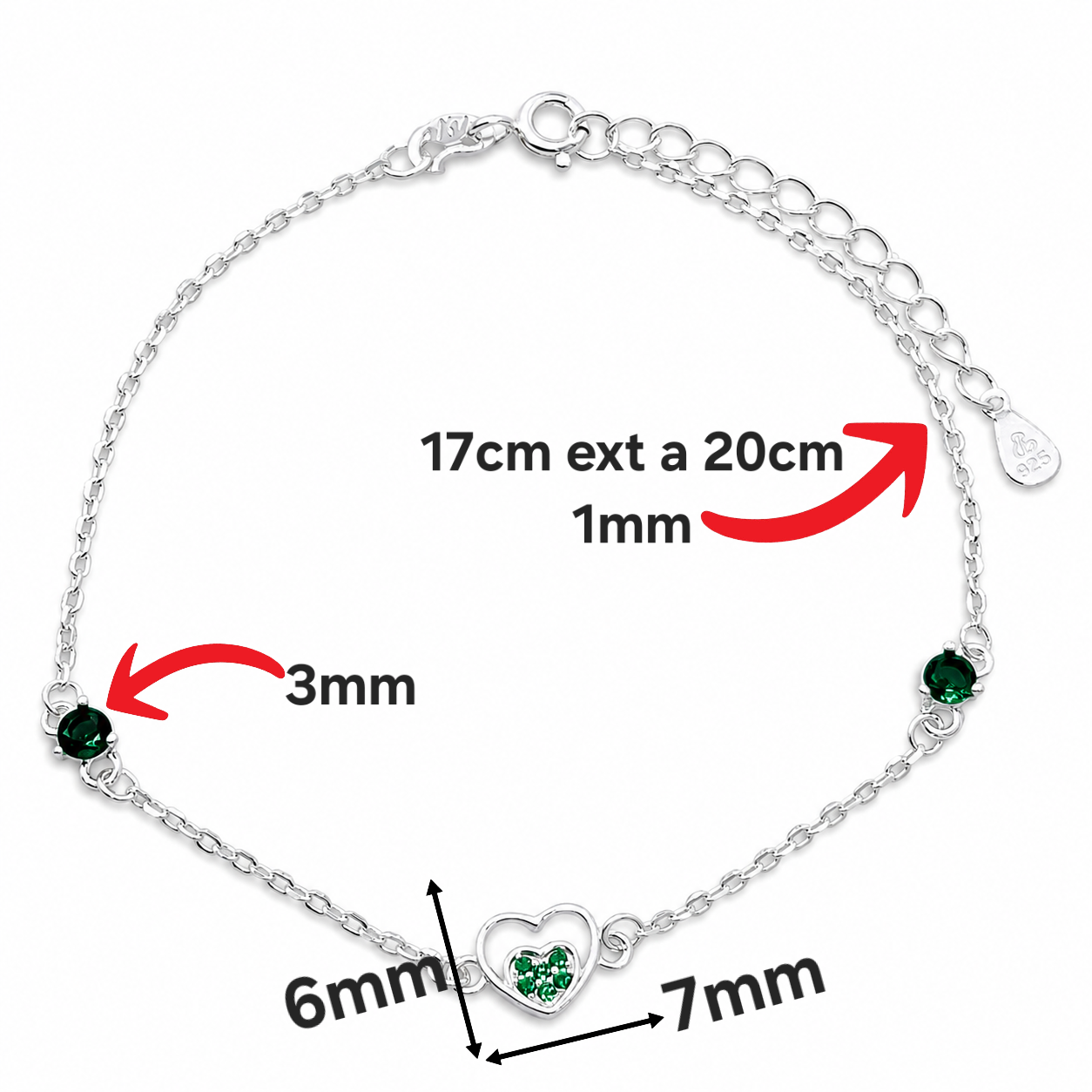 Pulsera Corazoncito Verde Plata Ley 925