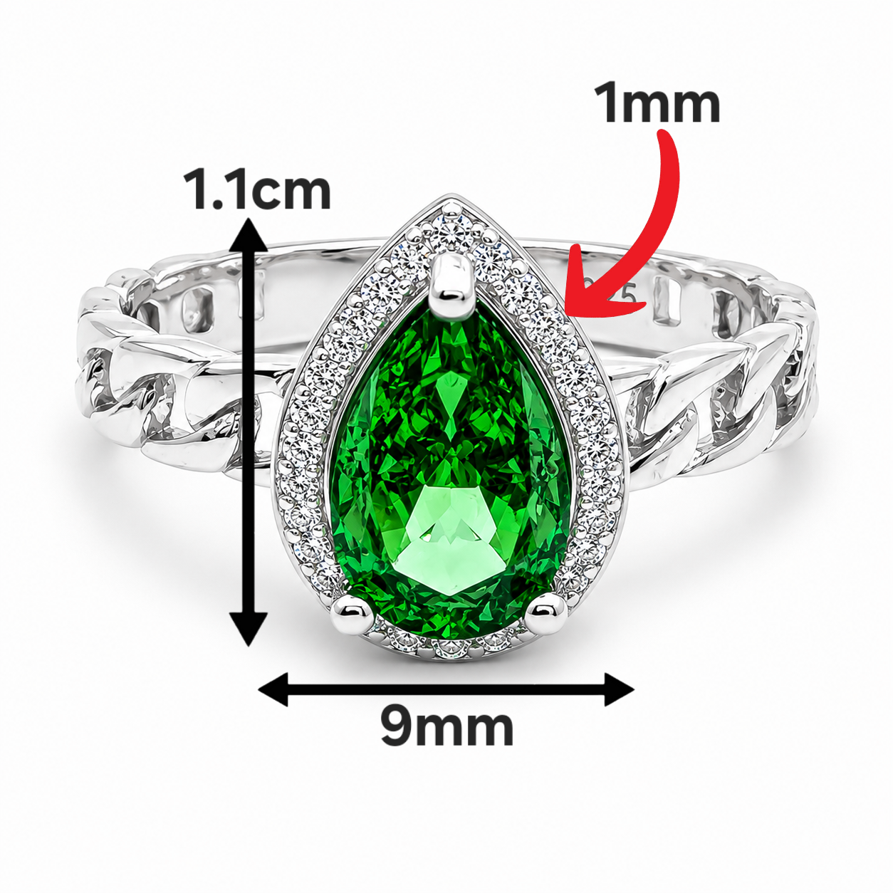 Anillo Verde Gota Plata Ley 925
