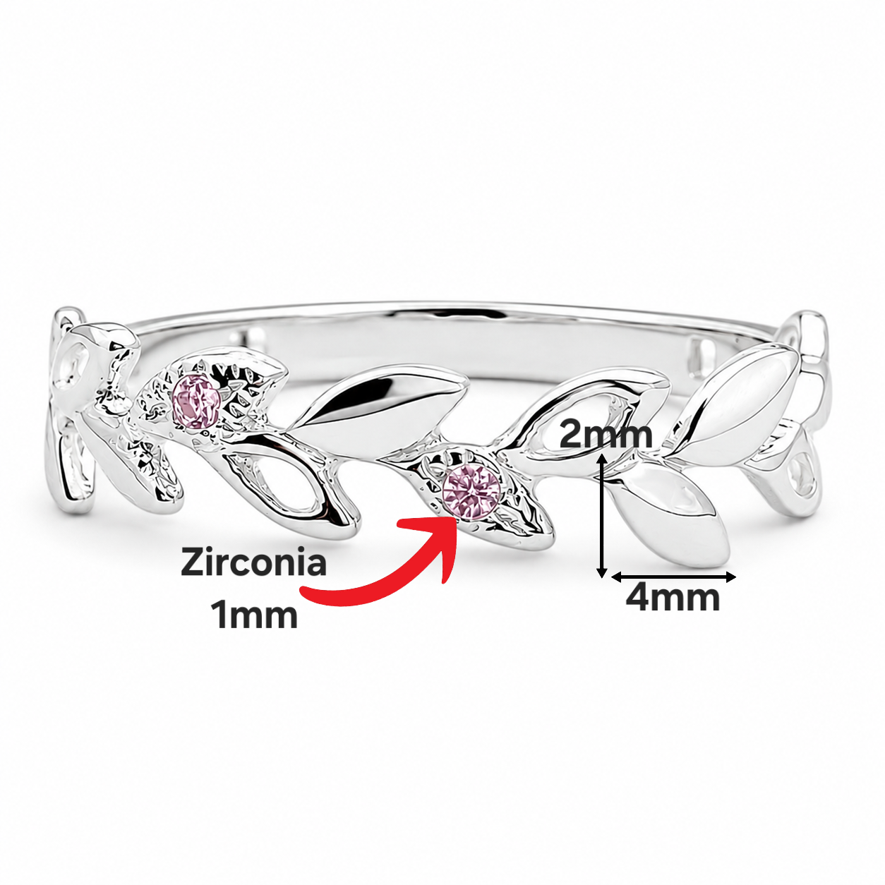 Anillo Hojitas Rosa Plata Ley 925