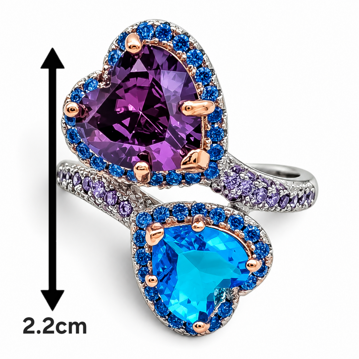 Anillo Corazones Azul Morado Plata Ley 925