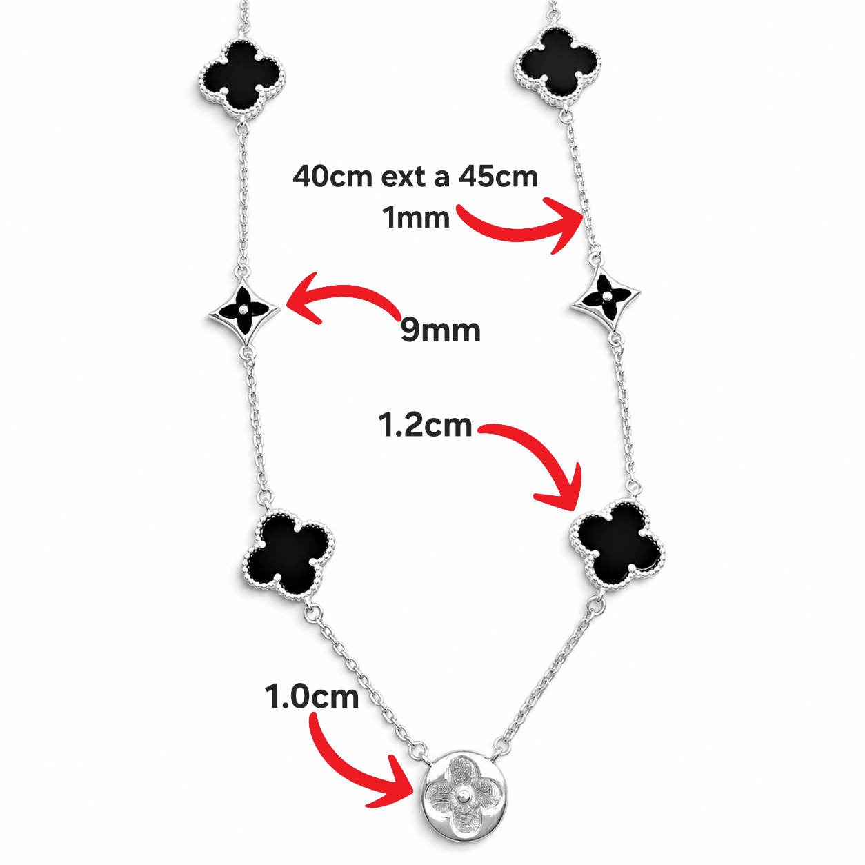 Collar Van Negro 5 Treboles Plata Ley 925
