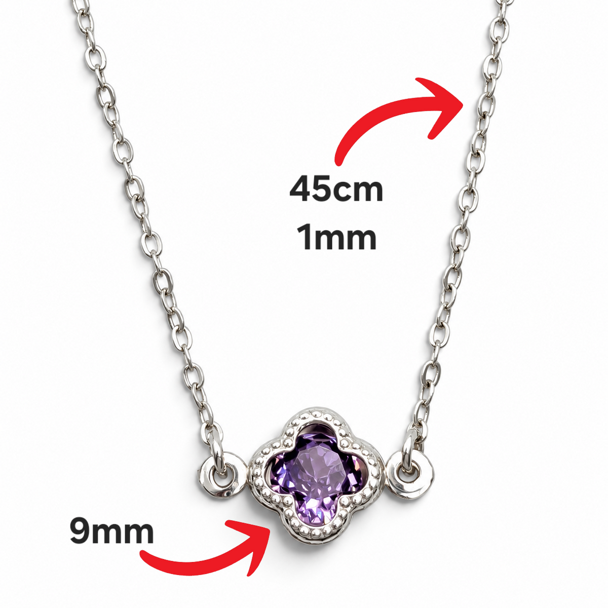 Collar Trebol Lila Plata Ley 925