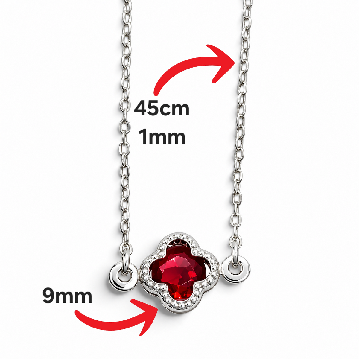 Collar Trebol Rojo Plata Ley 925