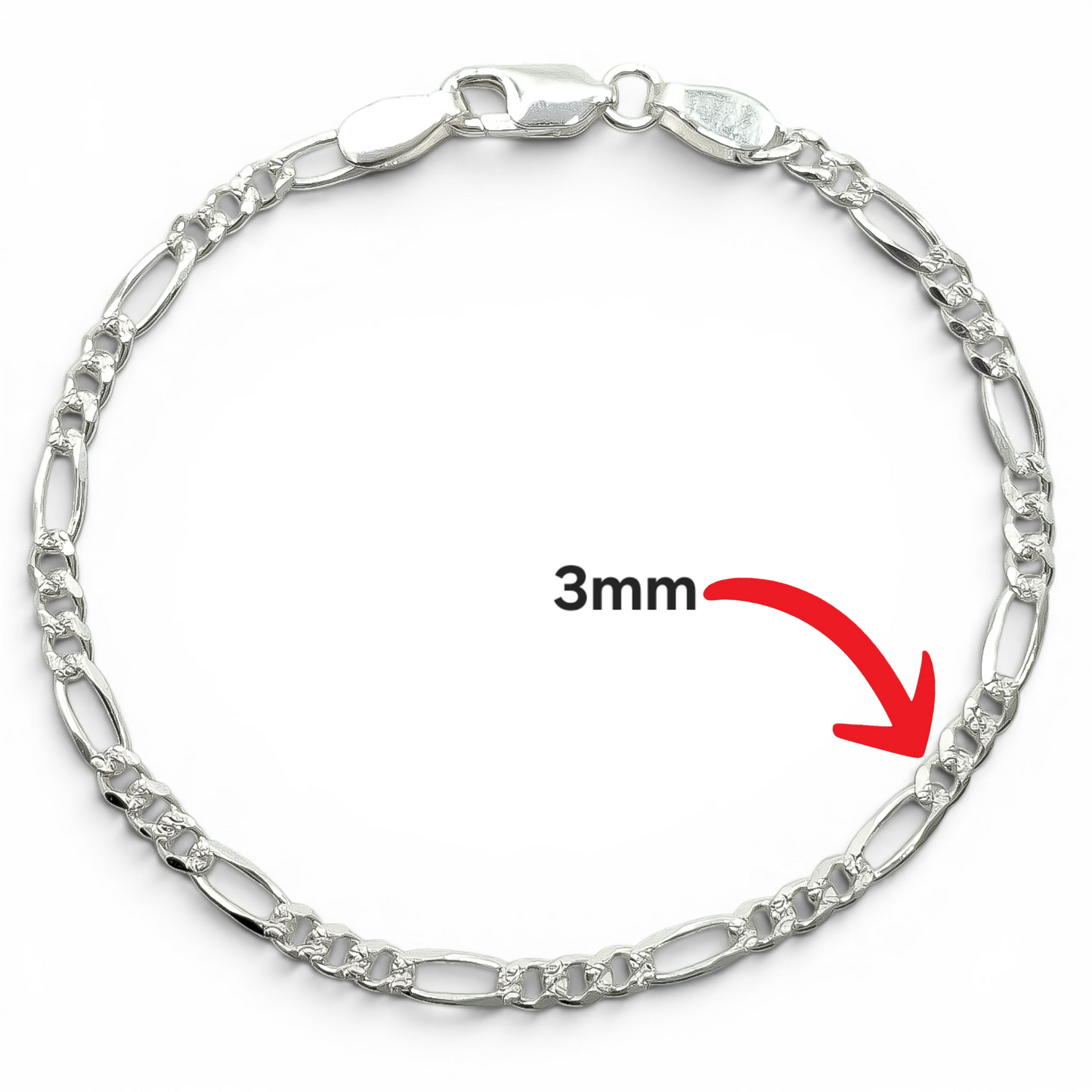 Pulso Figaro Diamantado 3mm Plata Ley 925