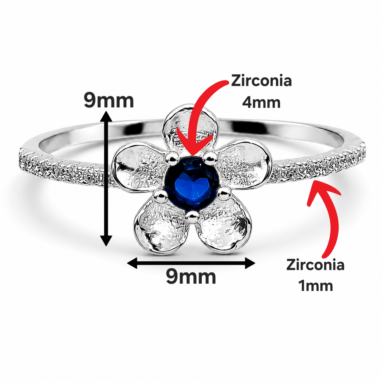 Anillo Flor Azul Plata Ley 925