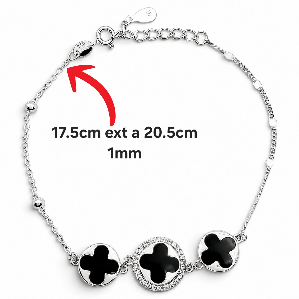 Pulsera Grande 3 Treboles Negra Plata Ley 925