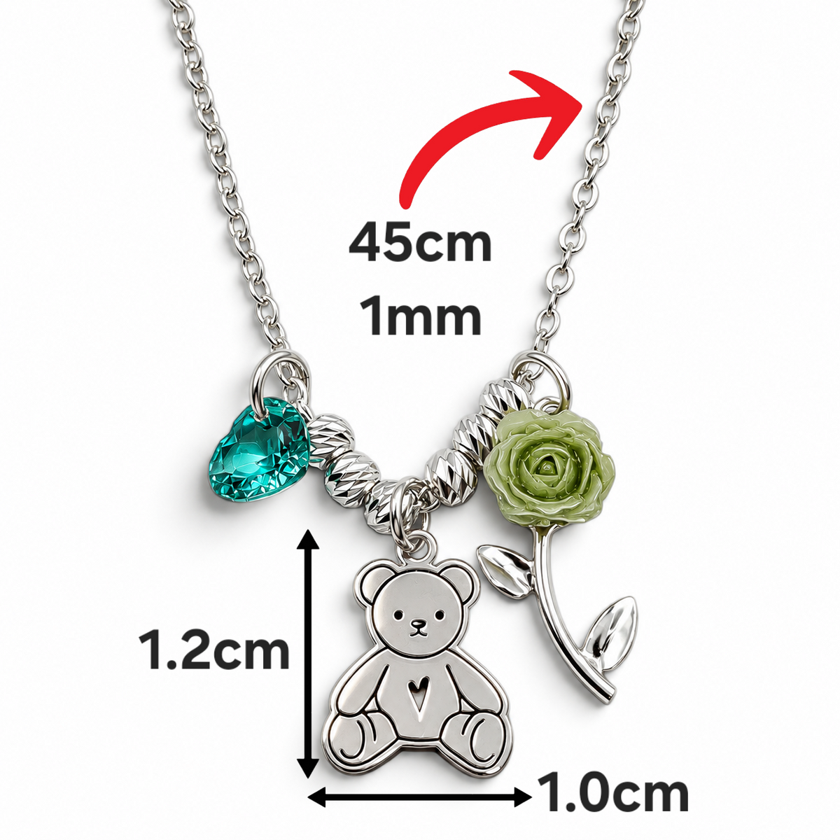 Collar Oso Rosa Verde Plata Ley 925