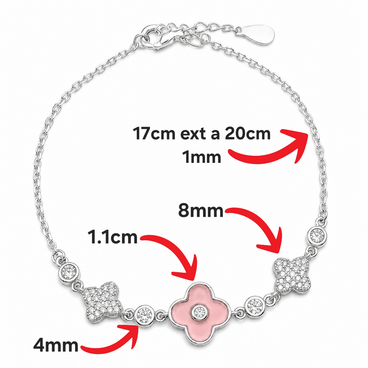 Pulsera Rosa Zirconia 3 Treboles Plata Ley 925