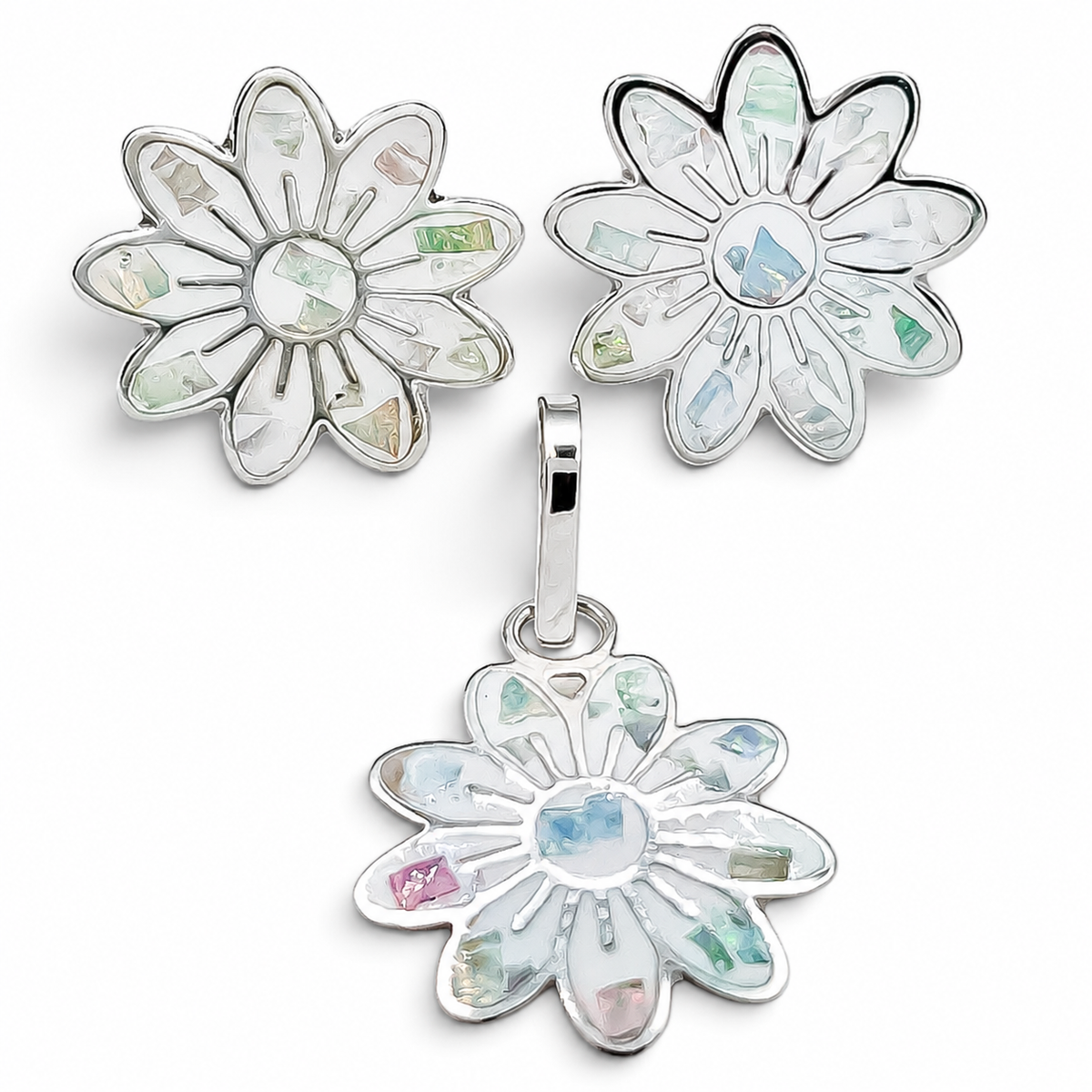 Set Flor Blanca Grande Plata Ley 925