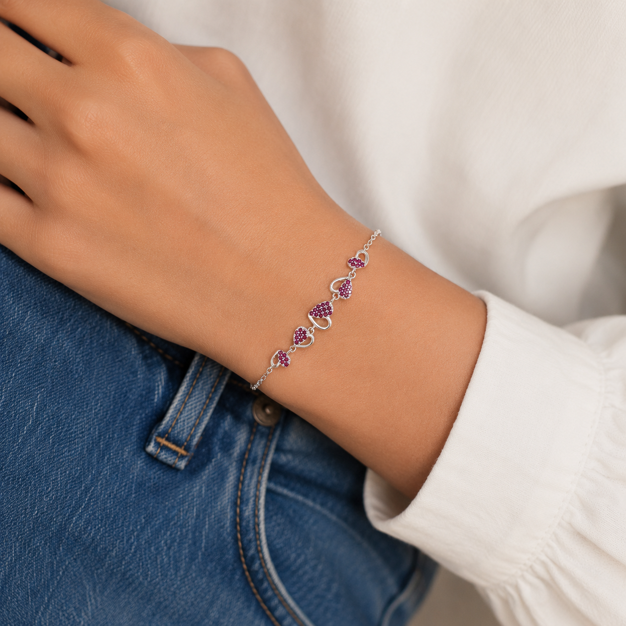 Pulsera Corazones Fiusha Plata Ley 925