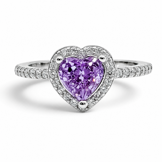 Anillo Zirconia Corazon Lila Plata Ley 925