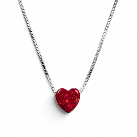 Collar Corazon Opalo Rojo Chico Plata Ley 925