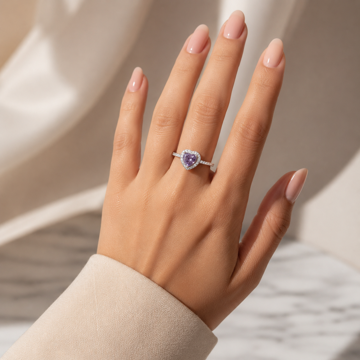 Anillo Zirconia Corazon Lila Plata Ley 925