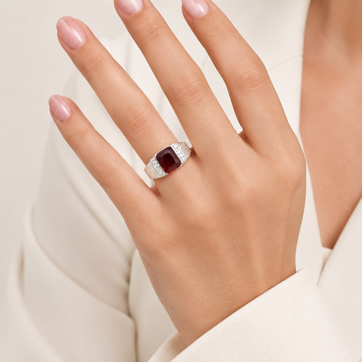 Anillo Cuadro Rojo Plata Ley 925