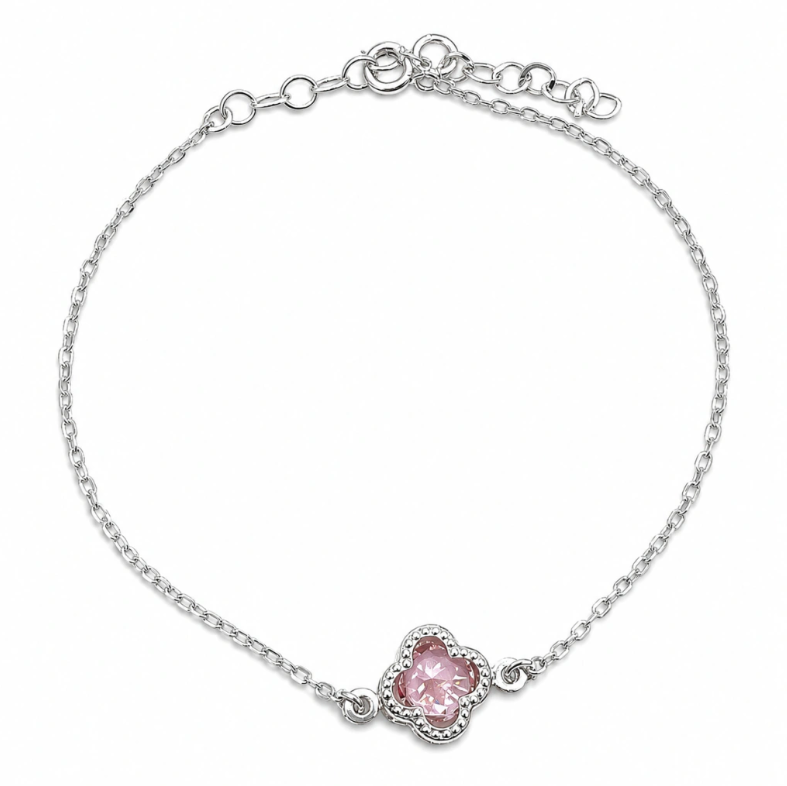 Pulsera Trebol Rosa Plata Ley 925
