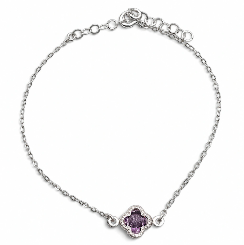 Pulsera Trebol Lila Plata Ley 925