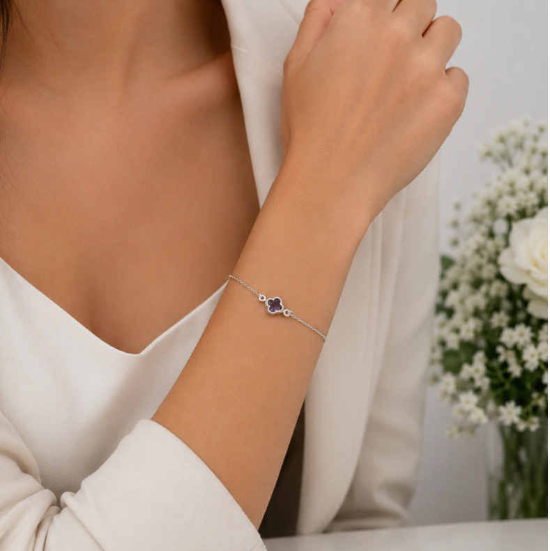 Pulsera Trebol Lila Plata Ley 925