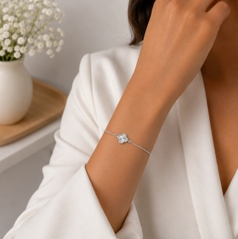Pulsera Trebol Diamantada Plata Ley 925