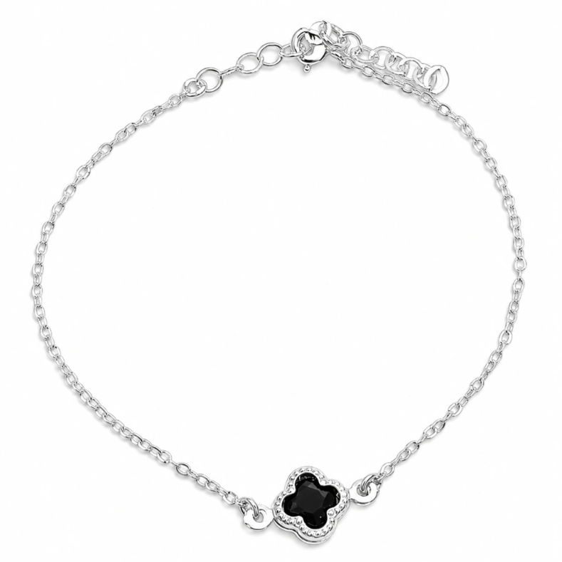 Pulsera Trebol Negra Plata Ley 925