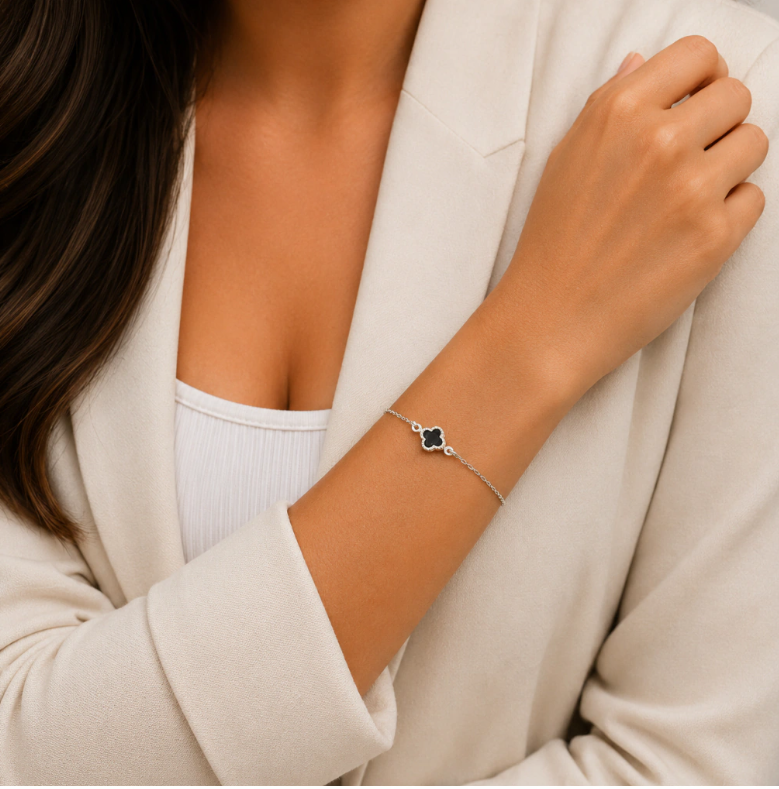 Pulsera Trebol Negra Plata Ley 925