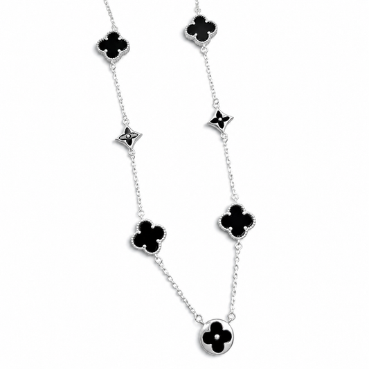Collar Van Negro 5 Treboles Plata Ley 925