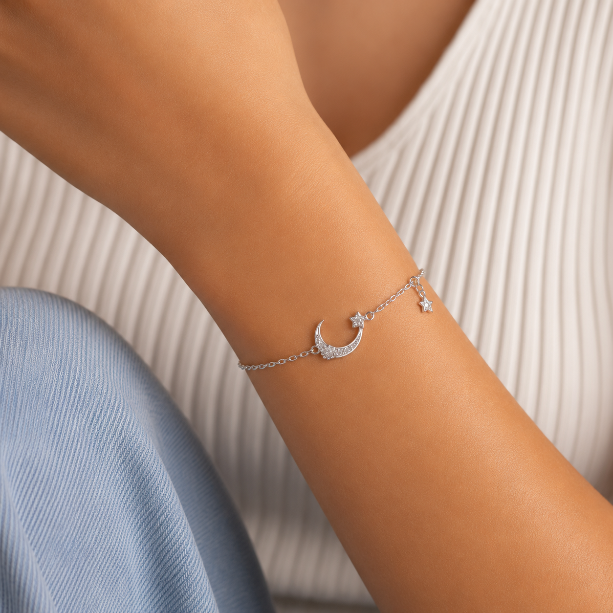 Pulsera Media Luna Zirconia Plata Ley 925