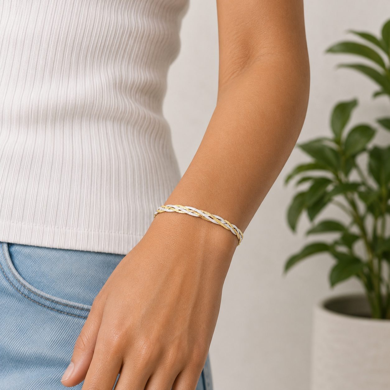 Pulsera Trenzada Tricolor Plata Ley 925