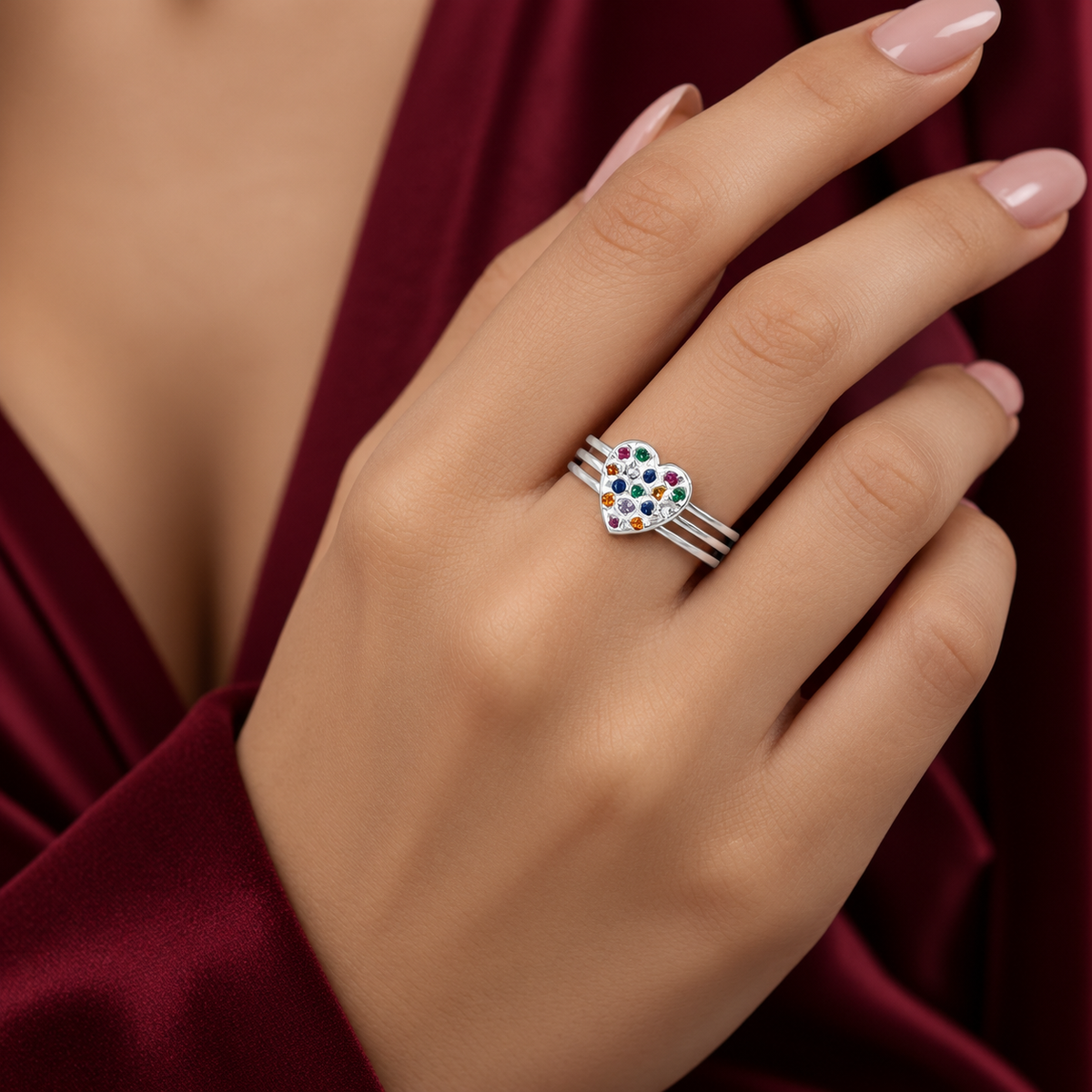 Anillo Corazon Multicolor Plata Ley 925
